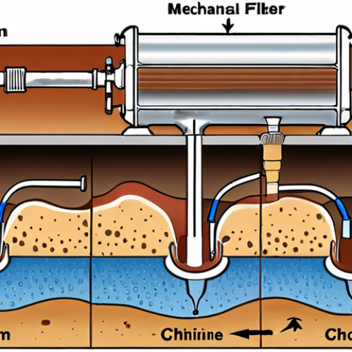 Home 19 ** A cross-section diagram of a multi-stage water filtration system. Showing water flowing through mechanical, carbon, and a specialized filter. Include labels pointing out sand, rust being trapped by the mechanical filter, chlorine being absorbed by the carbon filter, and iron being removed by the specialized filter. The setting should be a slightly technical, informative style.
**