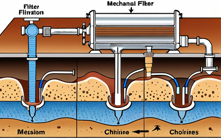 ** A cross-section diagram of a multi-stage water filtration system. Showing water flowing through mechanical, carbon, and a specialized filter. Include labels pointing out sand, rust being trapped by the mechanical filter, chlorine being absorbed by the carbon filter, and iron being removed by the specialized filter. The setting should be a slightly technical, informative style.
**