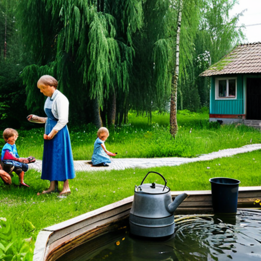 **

"A typical Russian dacha garden scene in summer. A family is gathered around a naturally filtered water source (pond or well with visible filtration system). The mother is filling a kettle, the father is checking the filter components, and children are playing nearby, fully clothed. The scene evokes feelings of health, family, and self-sufficiency. Focus on the clear water and the lush greenery. Safe for work, appropriate content, fully clothed, professional, family-friendly, perfect anatomy, natural proportions, well-formed hands, proper finger count."

**
