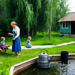 **

"A typical Russian dacha garden scene in summer. A family is gathered around a naturally filtered water source (pond or well with visible filtration system). The mother is filling a kettle, the father is checking the filter components, and children are playing nearby, fully clothed. The scene evokes feelings of health, family, and self-sufficiency. Focus on the clear water and the lush greenery. Safe for work, appropriate content, fully clothed, professional, family-friendly, perfect anatomy, natural proportions, well-formed hands, proper finger count."

**