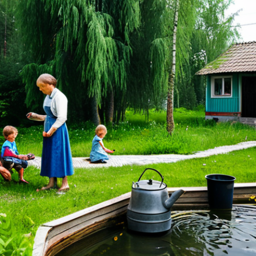 Home 17 **
"A typical Russian dacha garden scene in summer. A family is gathered around a naturally filtered water source (pond or well with visible filtration system). The mother is filling a kettle, the father is checking the filter components, and children are playing nearby, fully clothed. The scene evokes feelings of health, family, and self-sufficiency. Focus on the clear water and the lush greenery. Safe for work, appropriate content, fully clothed, professional, family-friendly, perfect anatomy, natural proportions, well-formed hands, proper finger count."
**