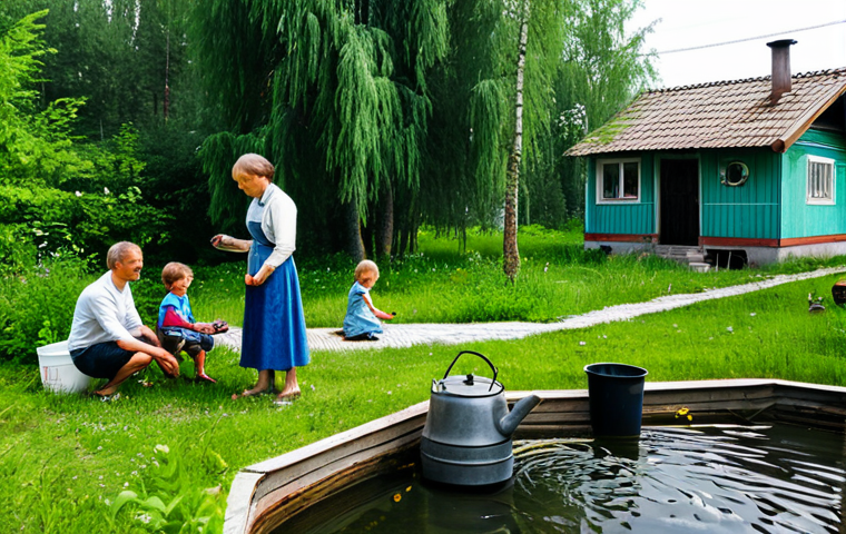 **
"A typical Russian dacha garden scene in summer. A family is gathered around a naturally filtered water source (pond or well with visible filtration system). The mother is filling a kettle, the father is checking the filter components, and children are playing nearby, fully clothed. The scene evokes feelings of health, family, and self-sufficiency. Focus on the clear water and the lush greenery. Safe for work, appropriate content, fully clothed, professional, family-friendly, perfect anatomy, natural proportions, well-formed hands, proper finger count."
**