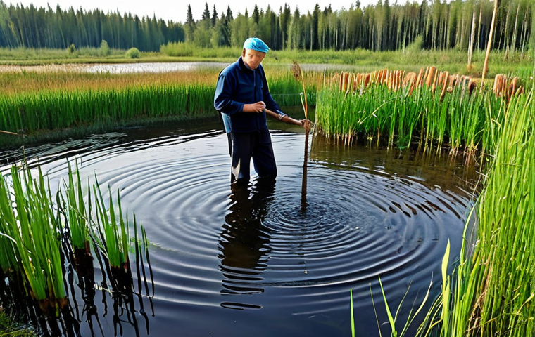 **
"A picturesque natural water purification system in a rural Russian landscape. The system includes ponds with reeds and cattails, designed to blend harmoniously with the surrounding environment. Fully clothed workers are maintaining the system, ensuring optimal water quality. Safe for work, appropriate content, fully clothed, professional, perfect anatomy, correct proportions, natural pose, high quality, well-formed hands, proper finger count, natural body proportions."
**