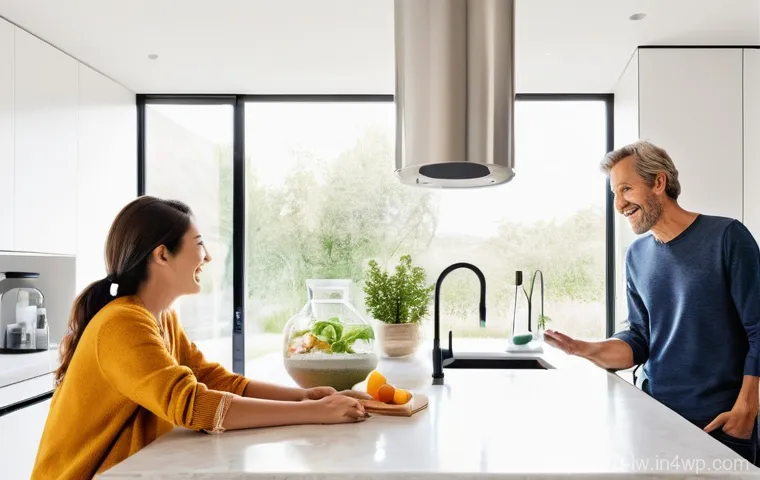 자연형 물 정화 시스템과 친환경 건축 - **Prompt:** A bright, modern kitchen in a family home, featuring a visible, sleek multi-stage water ...