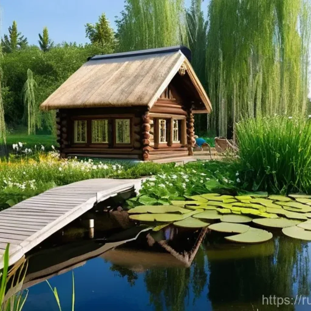 자연형 물 정화 시스템의 경제적 지속 가능성 - **A serene Russian dacha backyard featuring a thriving natural water purification system.** The imag...