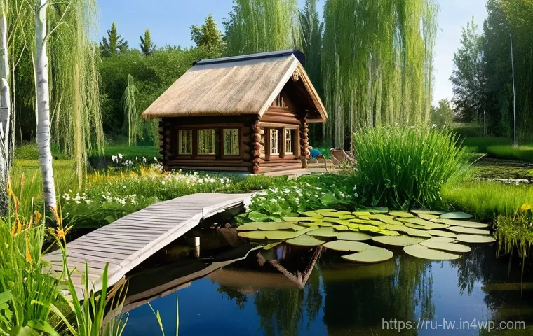자연형 물 정화 시스템의 경제적 지속 가능성 - **A serene Russian dacha backyard featuring a thriving natural water purification system.** The imag...