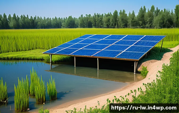 자연형 물 정화 시스템의 설계 및 운영에 관한 최신 동향 - A detailed natural water filtration system set in a lush rural landscape in Russia, featuring layere...