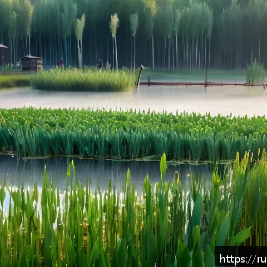 자연형 물 정화 시스템과 생태계 서비스 - A serene natural wetland filtration system in a Russian village setting during early morning, featur...