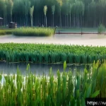 Home 18 자연형 물 정화 시스템과 생태계 서비스 - A serene natural wetland filtration system in a Russian village setting during early morning, featur...
