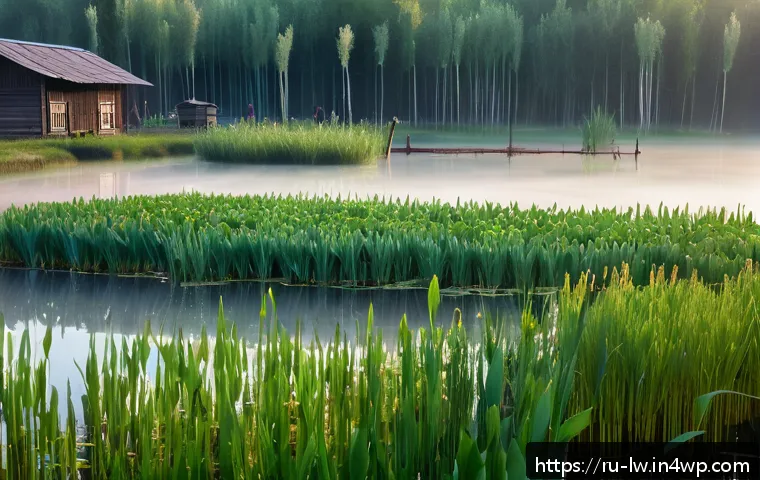 자연형 물 정화 시스템과 생태계 서비스 - A serene natural wetland filtration system in a Russian village setting during early morning, featur...