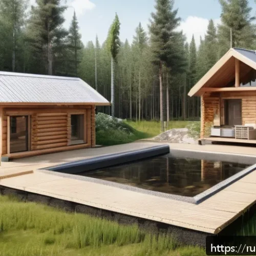 Home 17 자연형 물 정화 시스템의 구조적 요소 - A detailed cross-sectional illustration of a natural water filtration system for a rural home in Rus...