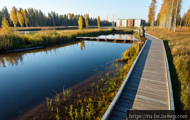 Home 17 자연형 물 정화 시스템의 법적 규제와 정책 - Photorealistic wide-angle view of a modern constructed wetland water purification system in a Russia...
